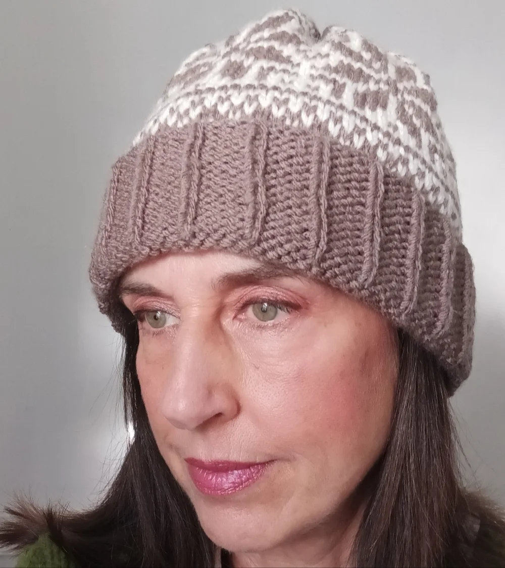 Hand Crafted Handknit Taupe Brown & Ivory Scandinavian Motif Beanie Hat OSFM